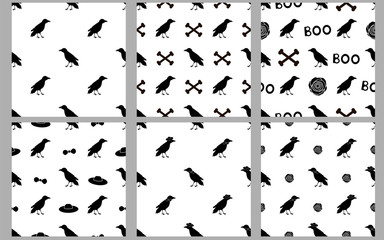 Seamless patterns with black ravens . Set. Halloween.