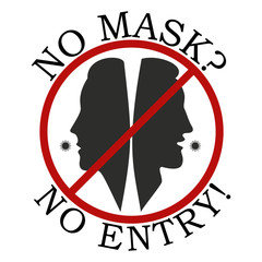 No mask? No entry! Red prohibition sign with heads man and woman and coronavirus bacteria. Stop coronavirus. Forbidden sign icon isolated on white background. Vector illustration.