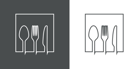 Símbolo restaurante. Icono plano lineal silueta tenedor, cuchillo y cuchara en cuadrado en fondo gris y fondo blanco © teracreonte