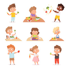 Kids and vegetables. Little hungry children eating fast food dont like fruits and healthy products vector cartoon characters. Child dislike healthy eating illustration