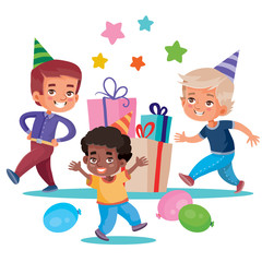 children celebrate a happy holiday and they were presented with many large boxes with gifts, isolated object on a white background, vector illustration,