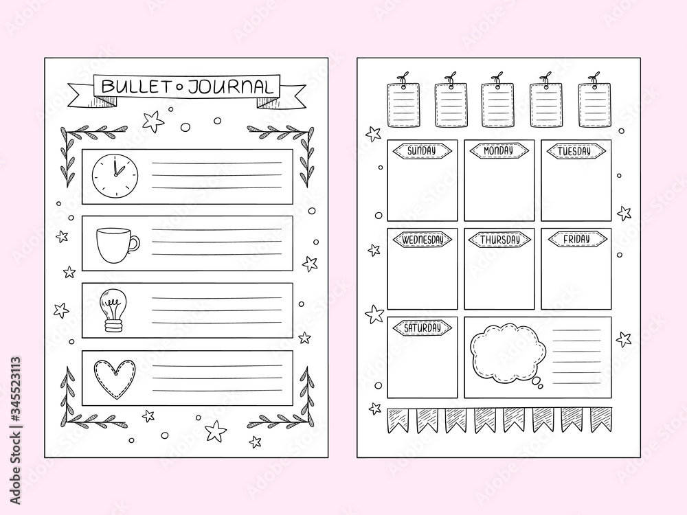Wall mural bullet journal pages. vector design templates of hand drawn notes and dividers frames organizer or p