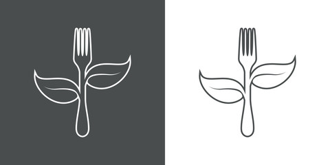 Símbolo de comida vegana. Icono plano lineal silueta de tenedor con hojas en fondo gris y fondo blanco © teracreonte