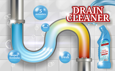 Cleaning pipes. Ads placard of bathroom piping drain plumber vector realistic promotional poster fresh tubes. Cleaner drain, pipe cleaning, plumbing canalization illustration
