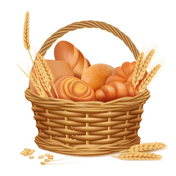 Bakery basket. Fresh sweet sliced bread kitchen lunch products in basket vector realistic illustrations. Bread and food, croissant and baguette