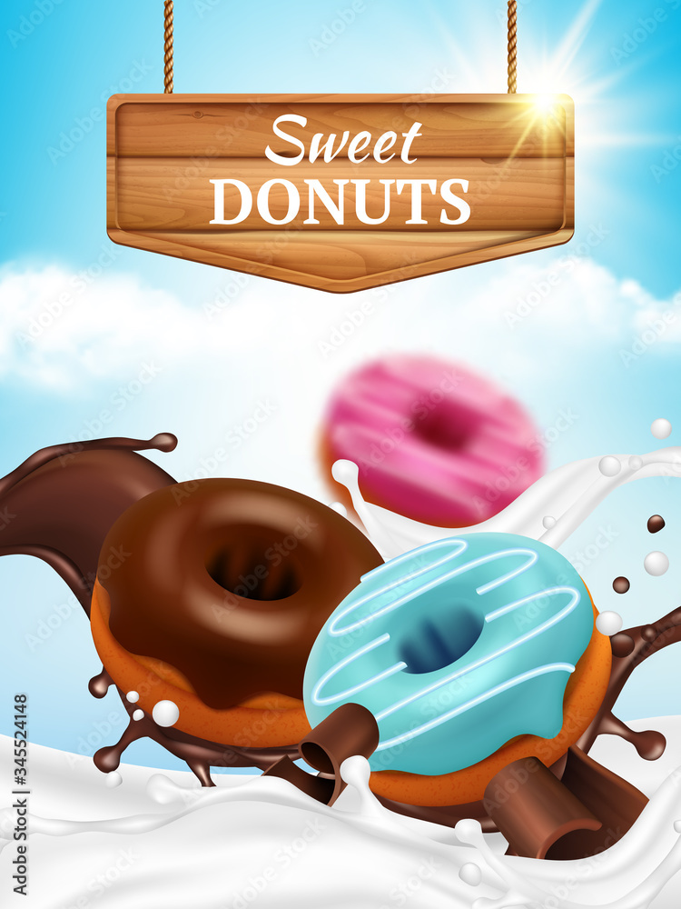 Poster Donuts ads. Bakery tasty delicious round sweet products in chocolate splashes with drops breakfast donuts food with coffee vector realistic placard template. Donut food, sweet delicious illustration