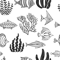 Seamless pattern of ornamental fish and seaweed. Vector illustration.  Perfect for greetings, invitations, manufacture wrapping paper, textile, web design.