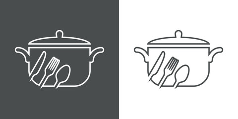 Símbolo restaurante. Icono plano lineal cacerola con tapa con cubiertos en fondo gris y fondo blanco