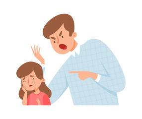 Angry father. Dad screaming daughter. Baby girl cry and scared. Bullying or home violence, domestic abuse behavior vector illustration. Father and daughter, crying girl and angry parent