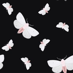 White moths on a light blue background. Seamless vector pattern with insects. Repeating square pattern for fabric and wallpaper