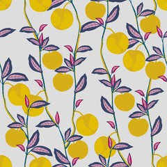 Fruit tree branches with leaves and fruits on a brown background. Vector seamless hand-drawn illustration. Square repeating pattern for fabric and wallpaper