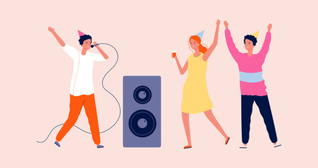 Disco party. Woman man dancing and singing. Birthday festive time, happy friends in karaoke bar. Cartoon girl and guys vector character. Illustration music dance and entertainment