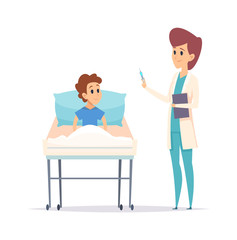 Doctor and boy. Flu virus vaccination. Isolated ill guy bed and nurse with syringe. Cartoon child in hospital with pediatrician vector illustration. Doctor inject immune vaccine, hospital pediatrician