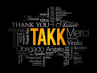 Takk (Thank You in Icelandic) Word Cloud in different languages