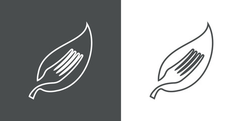 Símbolo de comida vegana. Icono plano lineal silueta de tenedor en hoja en fondo gris y fondo blanco