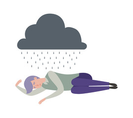 Man sleep. Depression, sad alone male under rainy cloud. Isolated flat depressed worker, tired manager or businessman vector illustration. Depressed lonely and problem, human unhappy