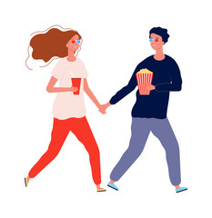 Fototapeta premium Movie theater visitors. Couple date in cinema, happy boy girl with 3d glasses. Isolated flat male female characters with popcorn and drinks vector illustration. Girlfriend and boyfriend go to movie