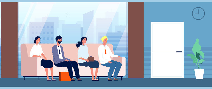 People sitting in hallway. Office workers, interview waiting line. Woman man on sofa in business hall, characters queue vector illustration. People queue in lobby or hallway, visiting and sitting