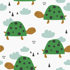 Turtles, hand drawn backdrop. Colorful seamless pattern with animals. Decorative cute wallpaper, good for printing. Overlapping background vector. Design illustration, reptiles - 345526392