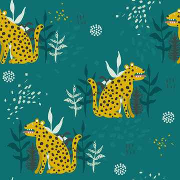 Leopards, plants, hand drawn backdrop. Colorful seamless pattern with animals. Decorative cute wallpaper, good for printing. Overlapping background vector. Design illustration © Talirina