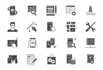 Application development flat icons. Vector illustration included icon as mobile software, app ux prototyping, data analytics black silhouette pictogram for web startup launch