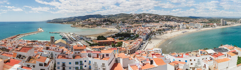Panoramic view on Peniscola from the top of Pope Luna's Castle , Castellon, Valencia, Spain. Panorama.