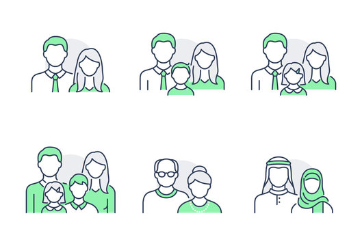 People Avatar Flat Icons. Vector Illustration Included Icon As Man, Female Head, Muslim, Senior, Familes And Couples Human Face Outline Pictogram For User Profile. Editable Stroke. Green Color