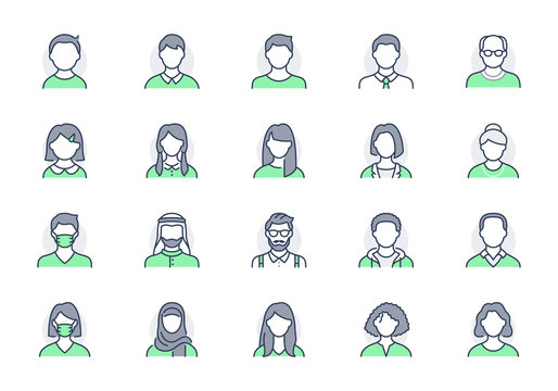People avatar line icons. Vector illustration included icon as man, female, muslim, senior, adult and young human outline pictogram for user profile. Editable Stroke, Green Color