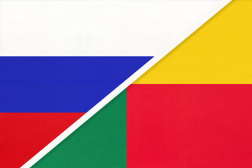 Russia vs Benin symbol of two national flags. Relationship between African and Asian countries.