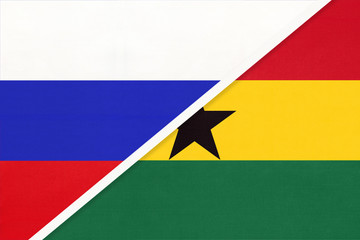 Russia vs Ghana, symbol of two national flags. Relationship between African and Asian countries.