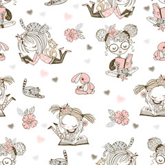 Seamless pattern with cute reading girls. Vector