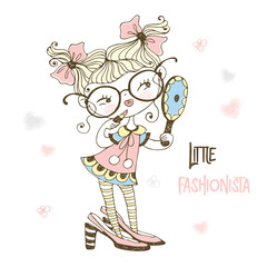A lovely sweet girl in her mother's shoes looks in the mirror. Vector