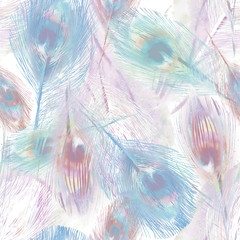 Feather Seamless Pattern. Watercolor Background.
