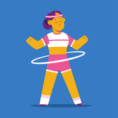 Girl doing fitness exercises with hula hoop vector cartoon character isolated on background.