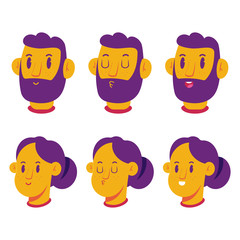 Man and woman face with different emotions vector cartoon set isolated on a white background.