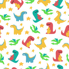 Cute dinosaurs vector seamless pattern on white background for wallpaper, wrapping, packing, and backdrop.