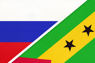 Russia vs Saint Thomas and Prince symbol of two national flags. Relationship between African and Asian countries.