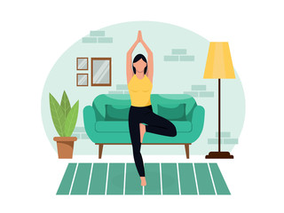 Young beautiful slender girl practices yoga at home in the living room during quarantine. Healthy lifestyle workout slimming relax and relax relaxation. Flat style. Vector stock color illustration.