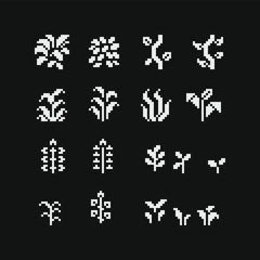 Various flowers trees and plants pixel art icons set, sticker design pack. Design for logo stamp, web, app, badges and patches. Isolated 1-bit vector illustration