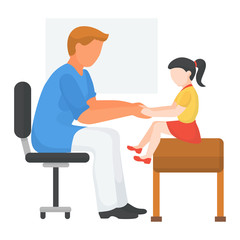 Doctor with child at hospital, health medical examination, vector illustration. Kid at physician appointment, patient treatment. Examine charcter illness at special clinic, girl sitting at couch.
