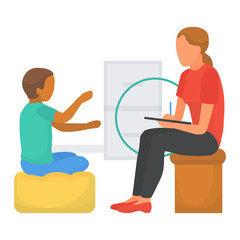Doctor psychologist talking with child character, vector illustration. Medicine therapy for mental flat boy person health. Medical help, counseling kid patient problem, professional session.