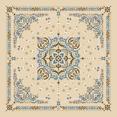 Vector ornament Bandana Print. Traditional ornamental ethnic pattern with paisley and flowers. Silk neck scarf or kerchief square pattern design style, best motive for print on fabric or papper. - 345529774