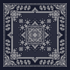 Vector ornament Bandana Print. Traditional ornamental ethnic pattern with paisley and flowers. Silk neck scarf or kerchief square pattern design style, best motive for print on fabric or papper. - 345529796