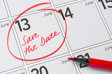 Save the Date written on a calendar - June 13