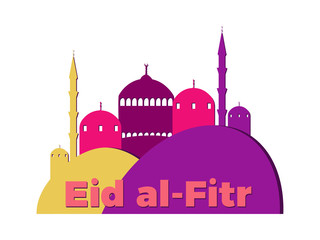Eid al-Fitr muslim religious holiday. Colorful greeting card with mosque and minaret. Eid Mubarak. Vector illustration
