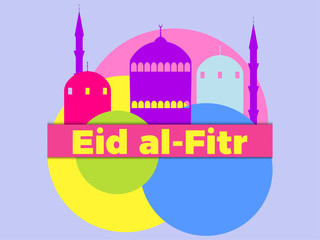 Eid al-Fitr muslim religious holiday. Colorful greeting card with mosque and minaret. Eid Mubarak. Vector illustration