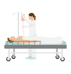 Doctor give blood transfusion to man in clinic, vector illustration. Hospital medical care about patient on bed by equipment. Human health treatment by blood transfusion, female nurse character.