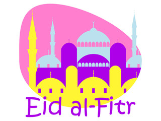 Eid al-Fitr muslim religious holiday. Colorful greeting card with mosque and minaret. Eid Mubarak. Vector illustration