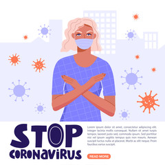 Woman shows a gesture crossed hands. Stop coronavirus lettering phrase and copy space. Quarantine and protect yourself concept. Vector banner illustration.