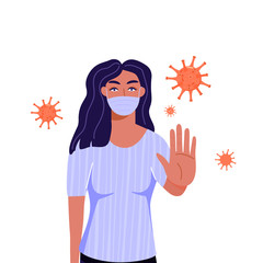 Woman shows stop gesture with her hand. Stop coronavirus and protect yourself concept. Vector illustration.